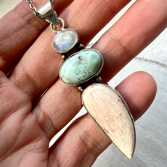 Jewelry - 925 OMG Rainbow Flash Moonstone + Larimar + Scolecite! Pendant Necklace